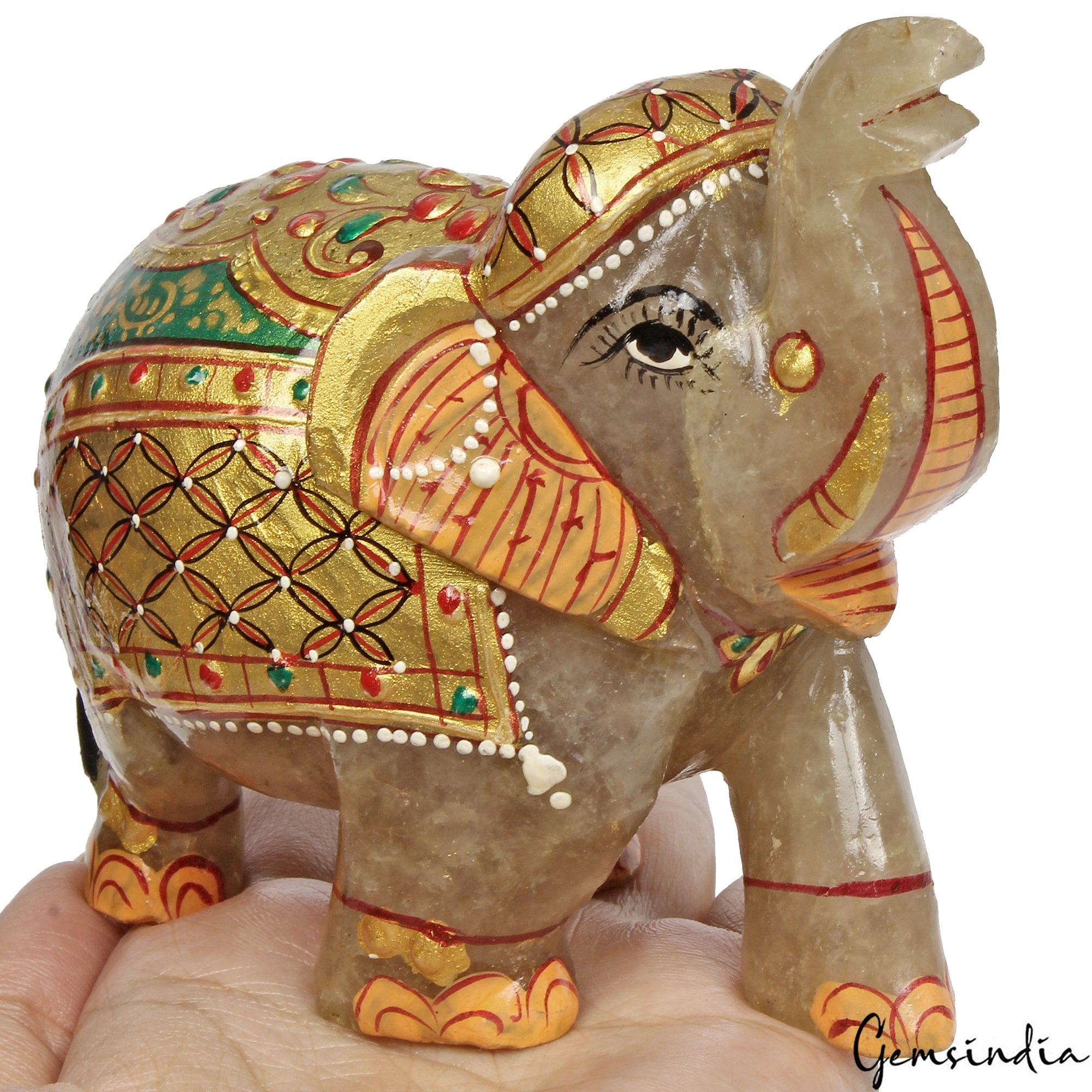 2550 Cts Natural Aventurine Gemstone Hand Crafted Gold Painted Elephant Statue
