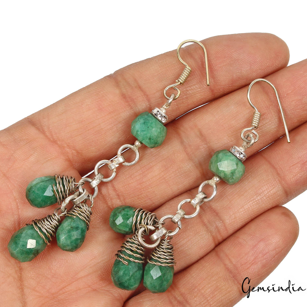 67.70 Ct Natural Green Emerald Pear Beaded Drop/Dangler Earring 3"Christmas Sale