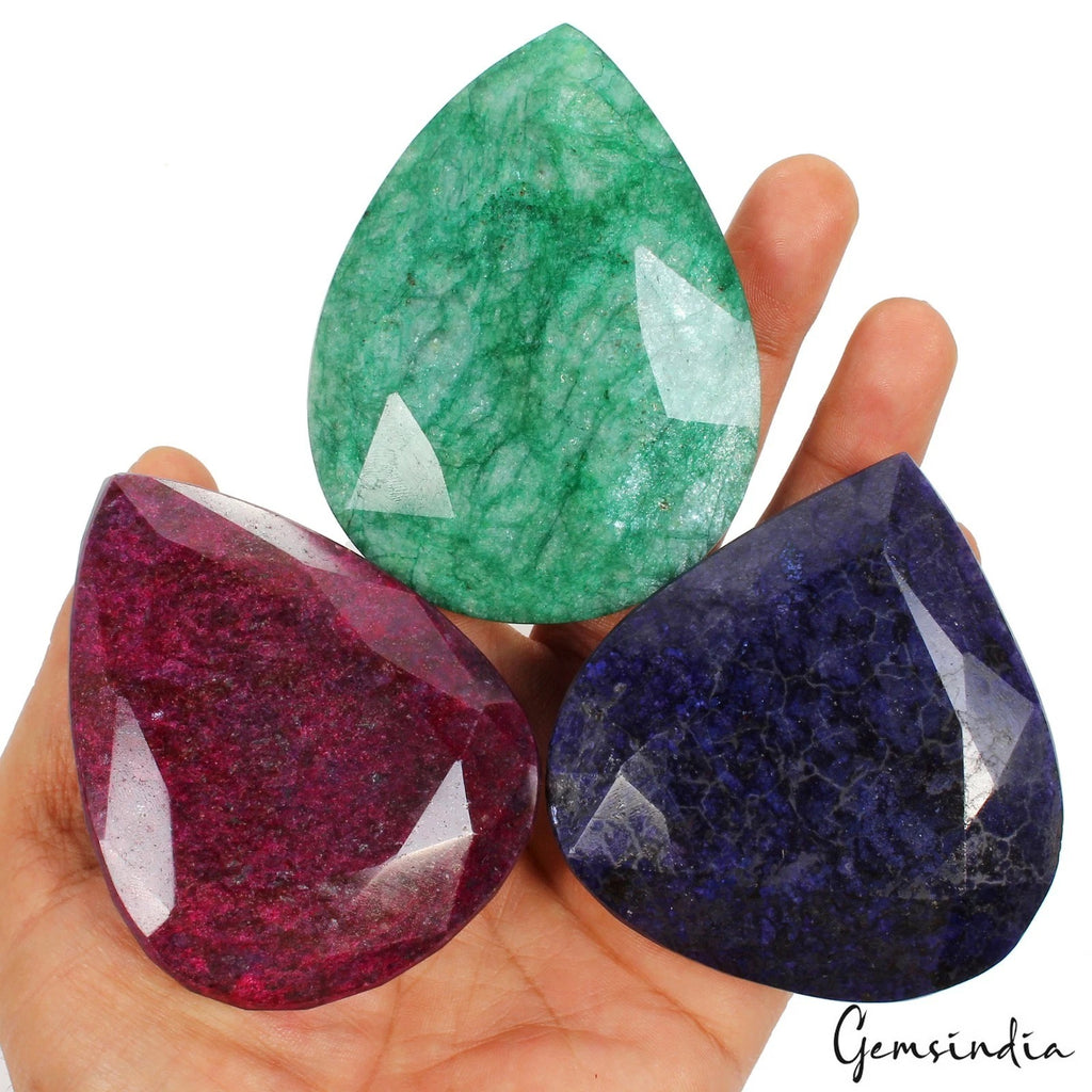 Ruby Lot, Loose Gemstone, Pear Cut, Color Enhanced — 3 Pieces, 75mm to 82mm, 3570 Ct, Madagascar