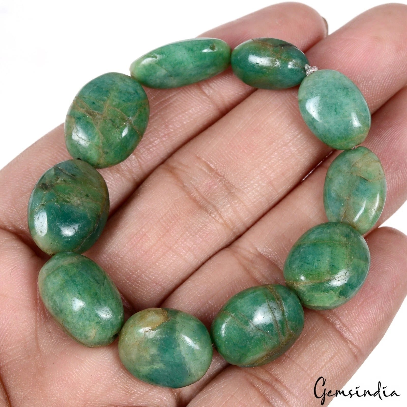 137.90 Ct Natural Emerald Oval Cab Center Drilled Handmade Gems Bracelet 6.5"