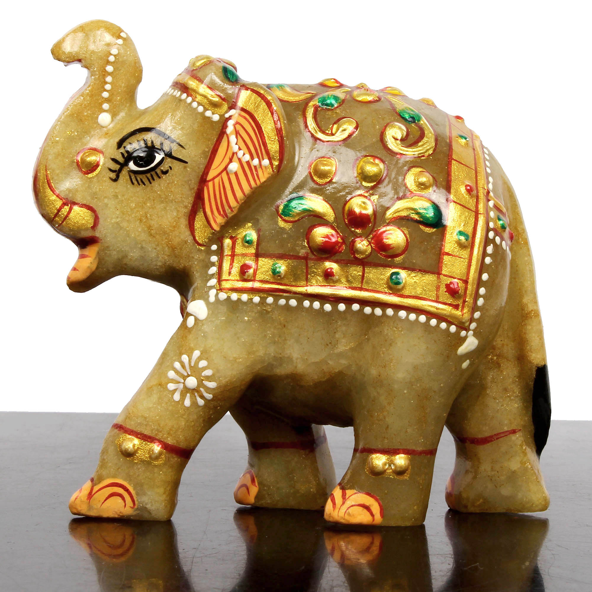 740 Cts Natural Aventurine Hand Crafted Gold Painted Elephant Sculpture/ Statue