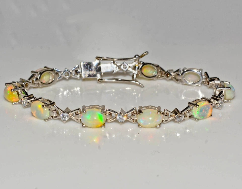 Fire Opal Sterling Silver Bracelet, Untreated, Silver — 7.3 Inch, 72.00 Ct (14.40 g), Ethiopia