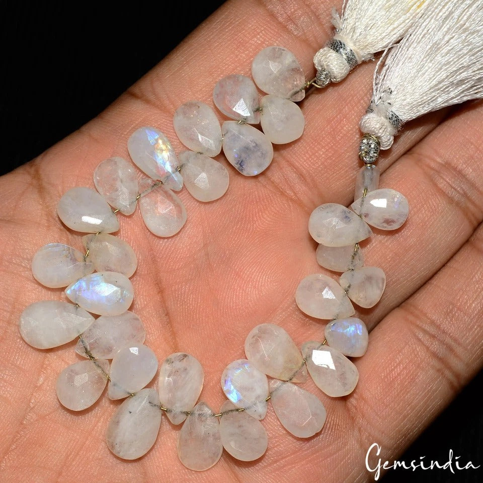 Natural White Moonstone Pear Faceted Briolette 8-12mm 5.5" Strand For Jewelry