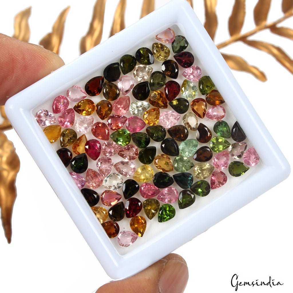25.00Ct/94 Pc Natural Untreated Multi-Color Tourmaline 5x4mm Pear Cut Loose Gems