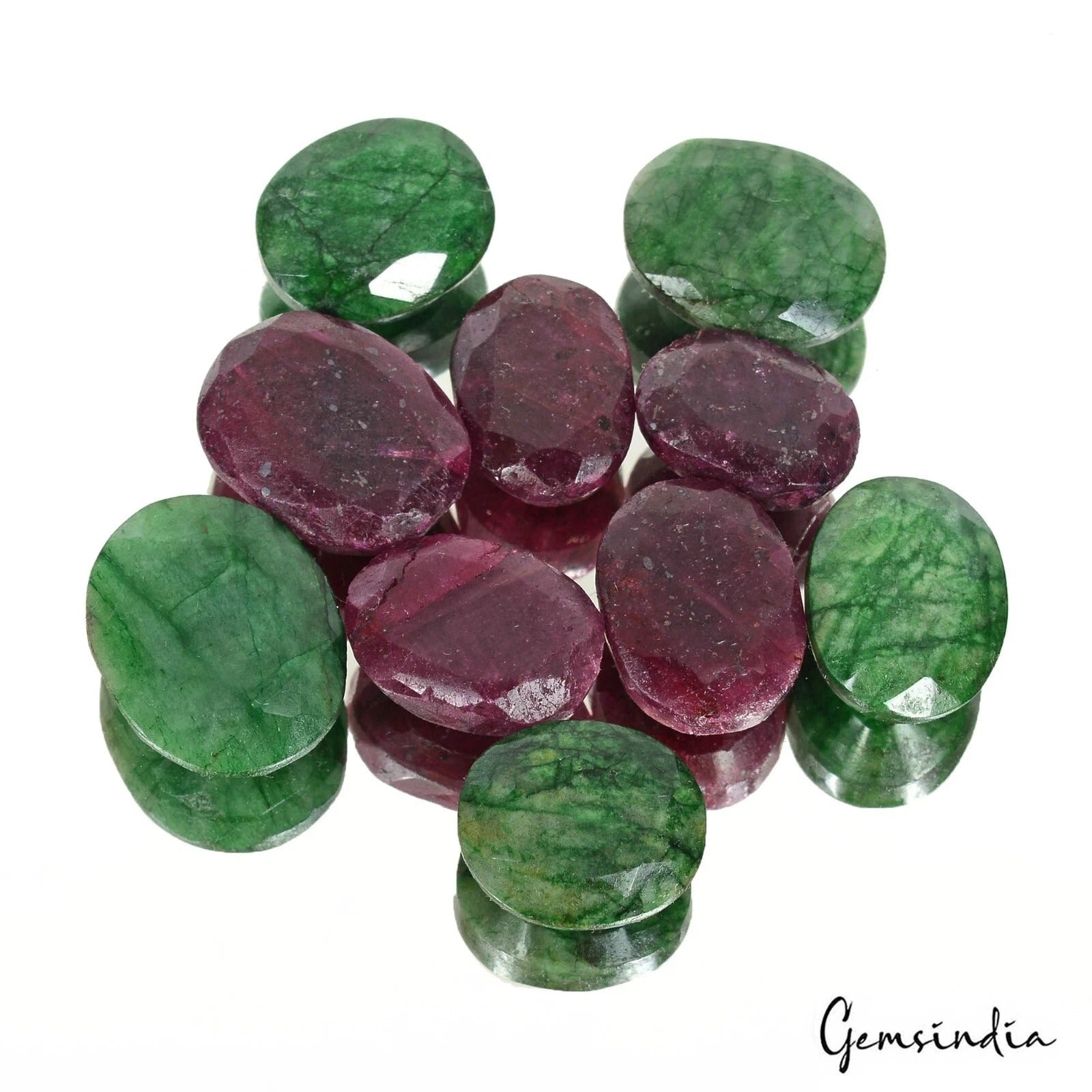 186.30 Cts/10 Pcs Natural Green Emerald Red Ruby Oval Faceted Cut Loose Gems Lot