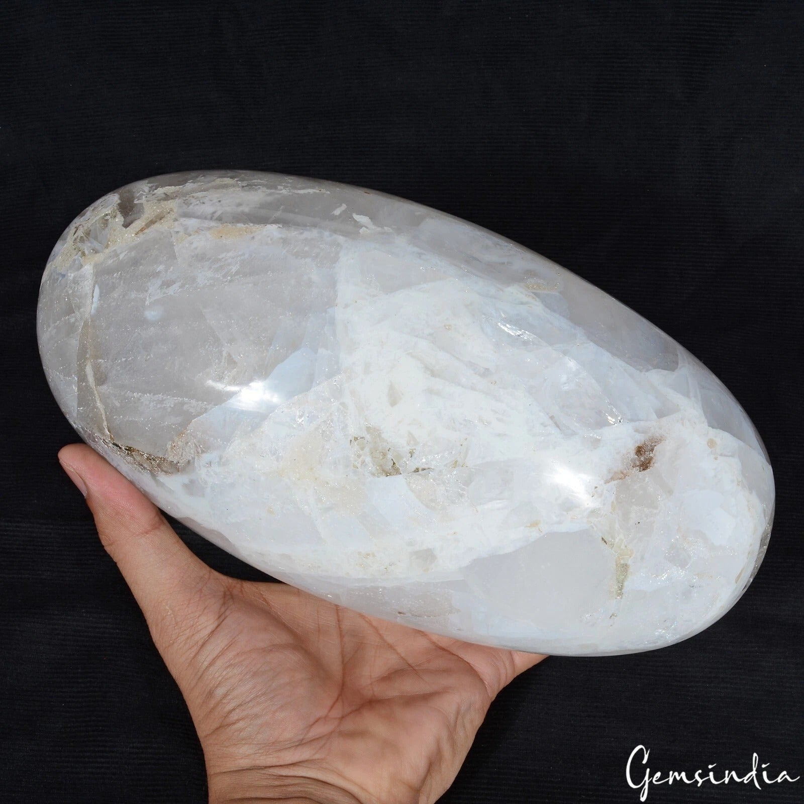 Large 9.75 inch White Quartz Crystal Lingam Handmade Oval Home Office Decorative