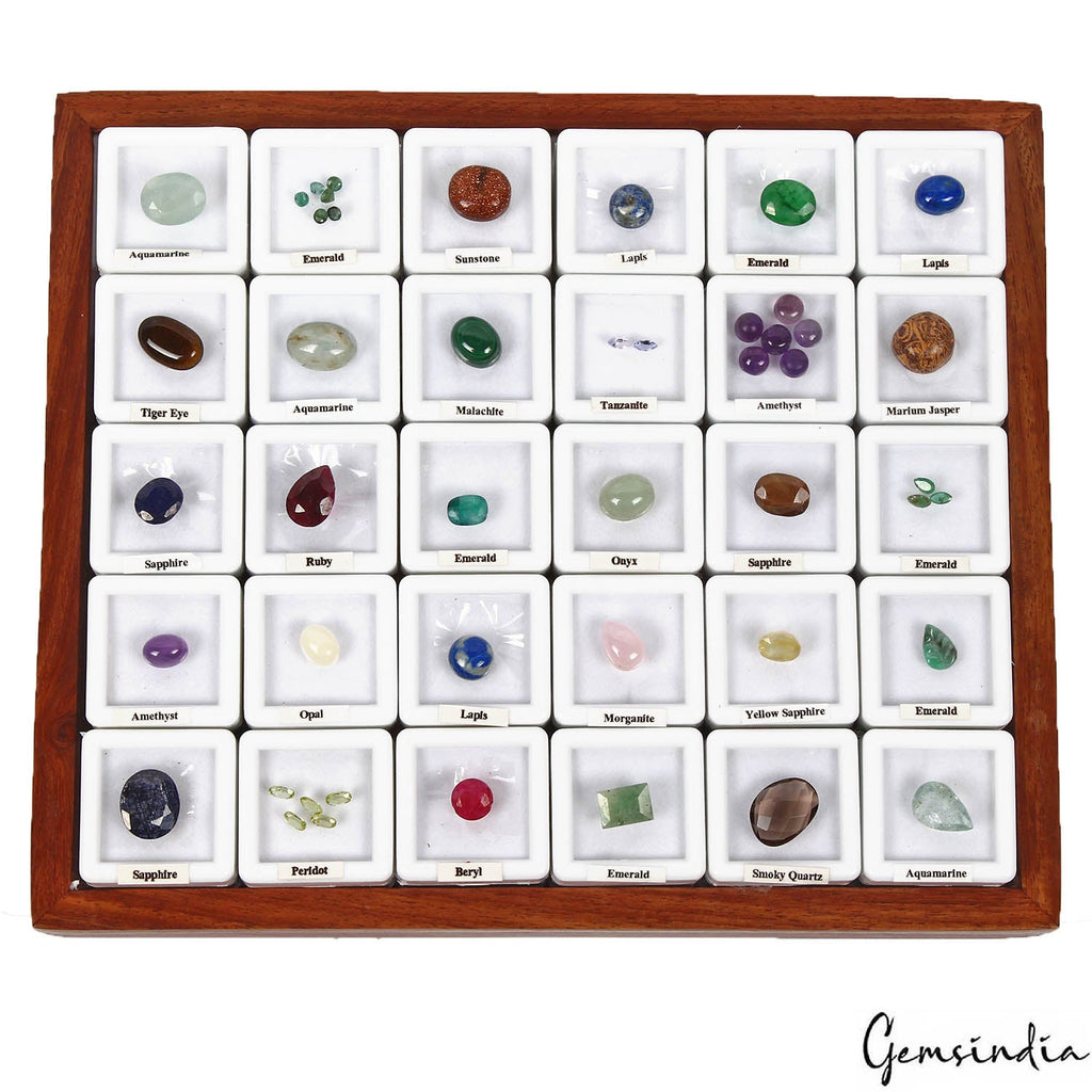 47 Pcs Estate Genuine Semi Precious Loose Multi Color Gems Collection+Wooden Box