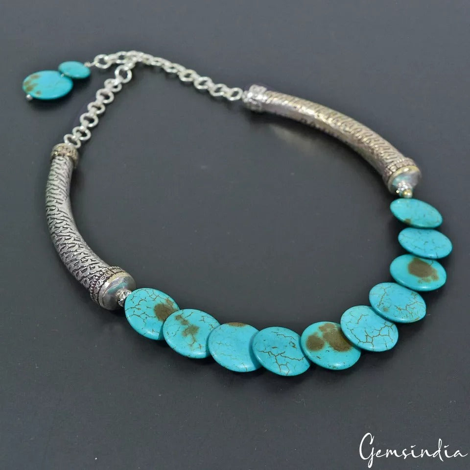 49.71Gm German Carved Silver/Blue Turquoise Gem Beaded Antique Hasli Necklace16"