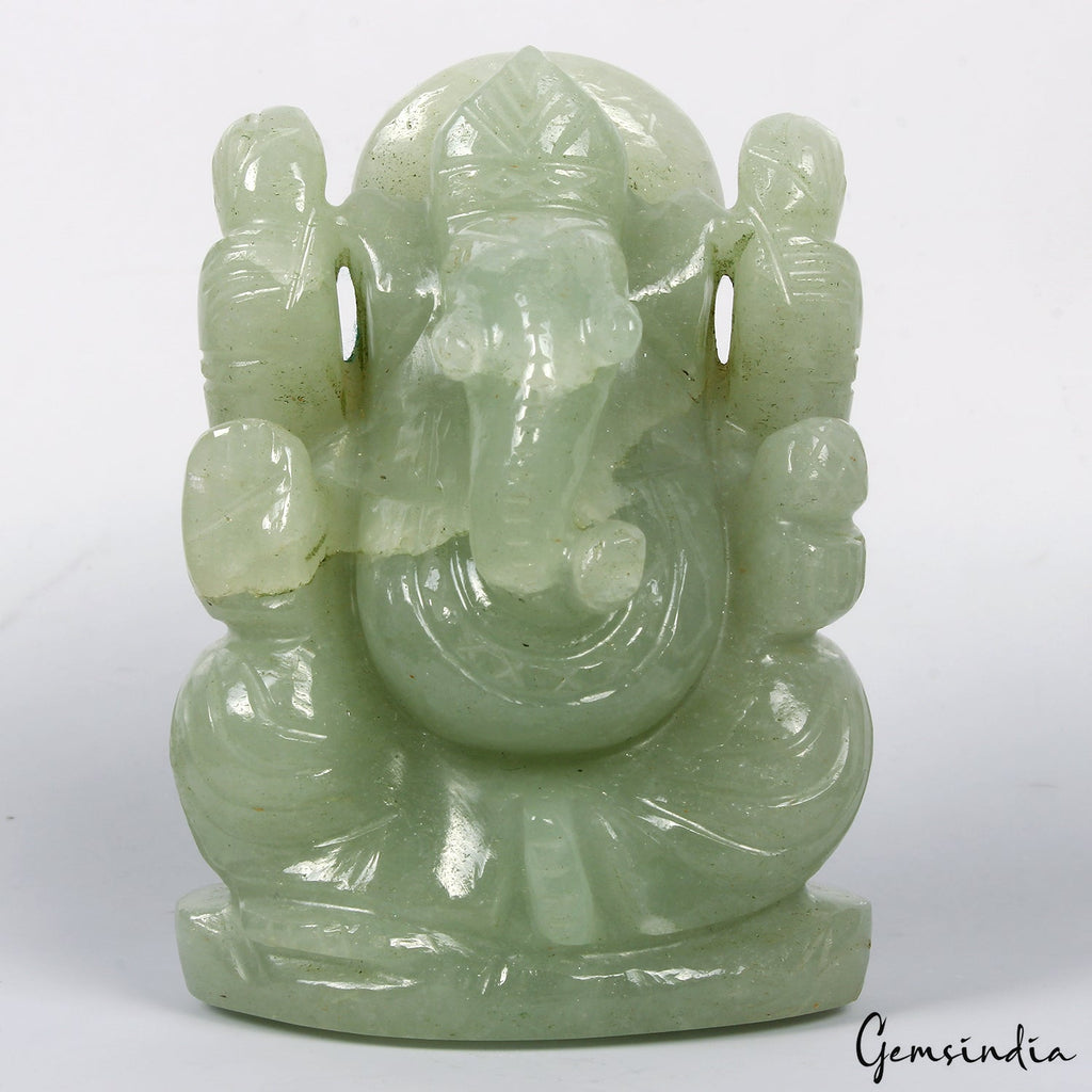 2175 Ct Natural Green Aventurine Single Stone Ganesha Hand Carved Sculpture 3.7"