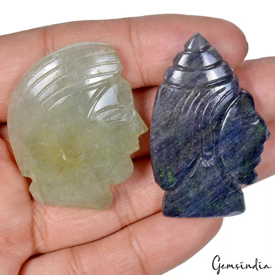 175 Ct/2Pc Natural Fluorite/Aventurine Warrior Head Pocket Size Carved Sculpture