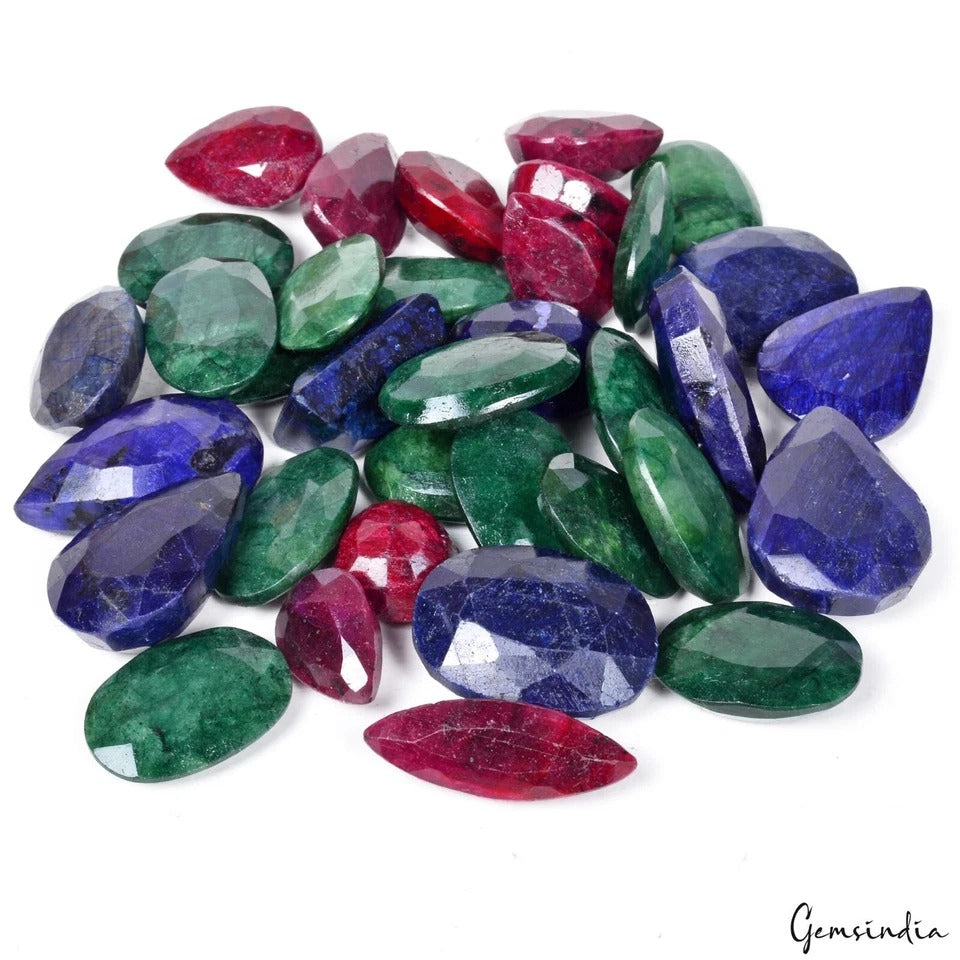 Certified 1500 Cts/35 Pcs Natural Multi Color Ruby Emerald Sapphire Mix Cut Gems