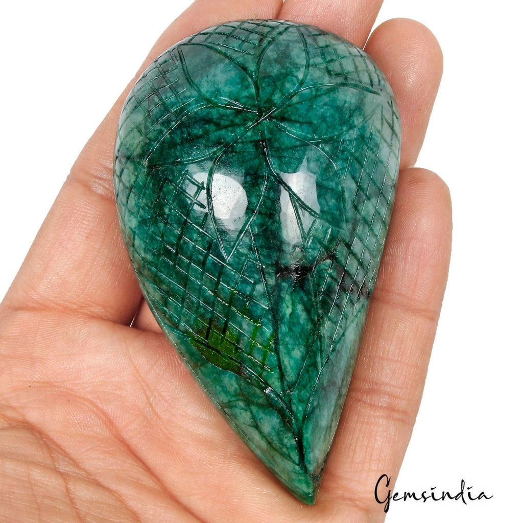 750 Ct Natural Green Zambian Emerald Pear Carving Museum Size Loose Gemstone