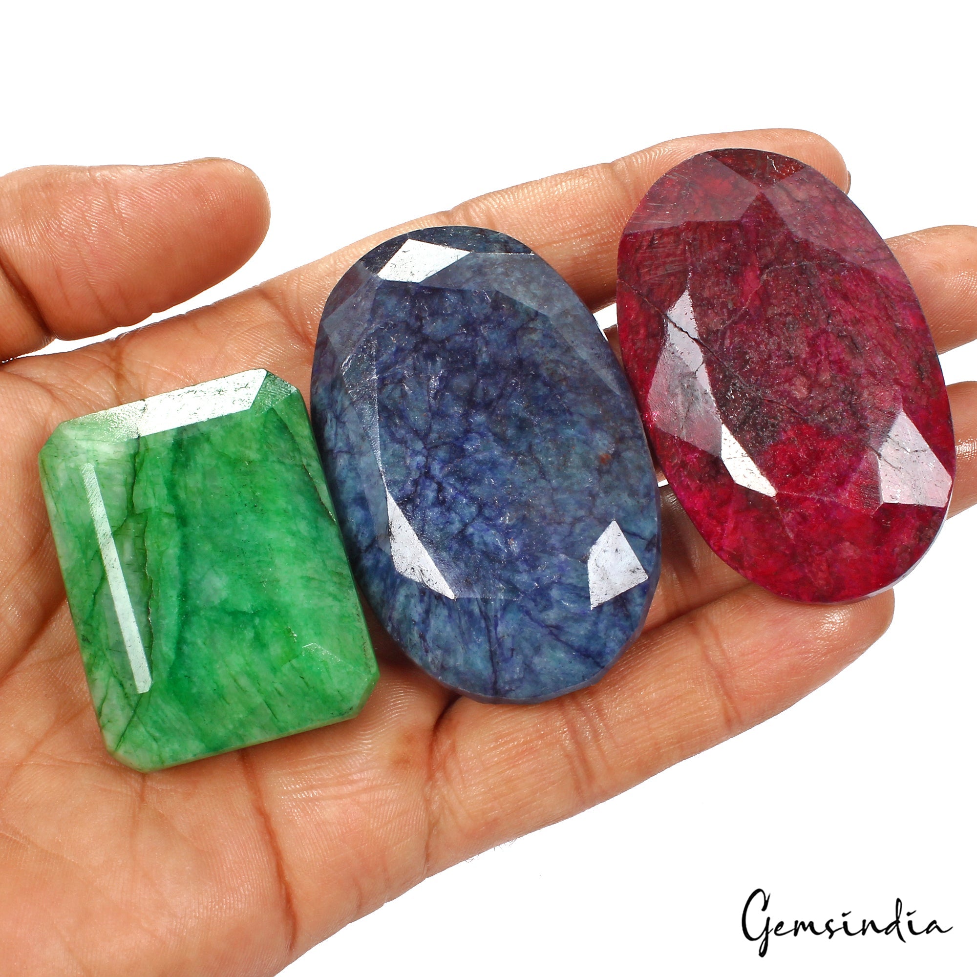1060 Cts/3 Pcs Natural Red Ruby Blue Beryl Green Emerald Mix Cut Loose Gems Lot