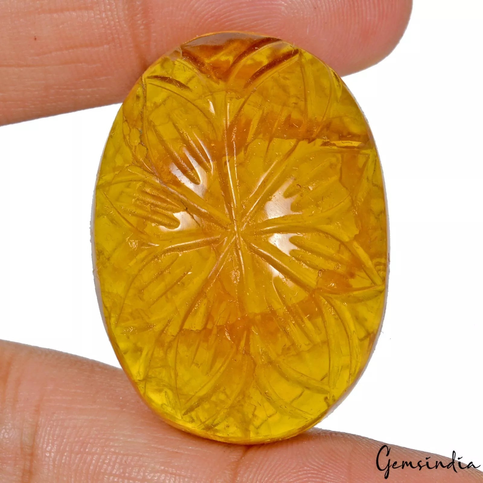 162.60 Cts Natural Untreated Yellow Fluorite Oval Carved Loose Gem For Pendant