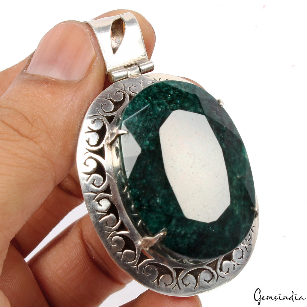 38.87 Gms Certified Natural Emerald Huge 925 Sterling Silver Exquisite Pendant