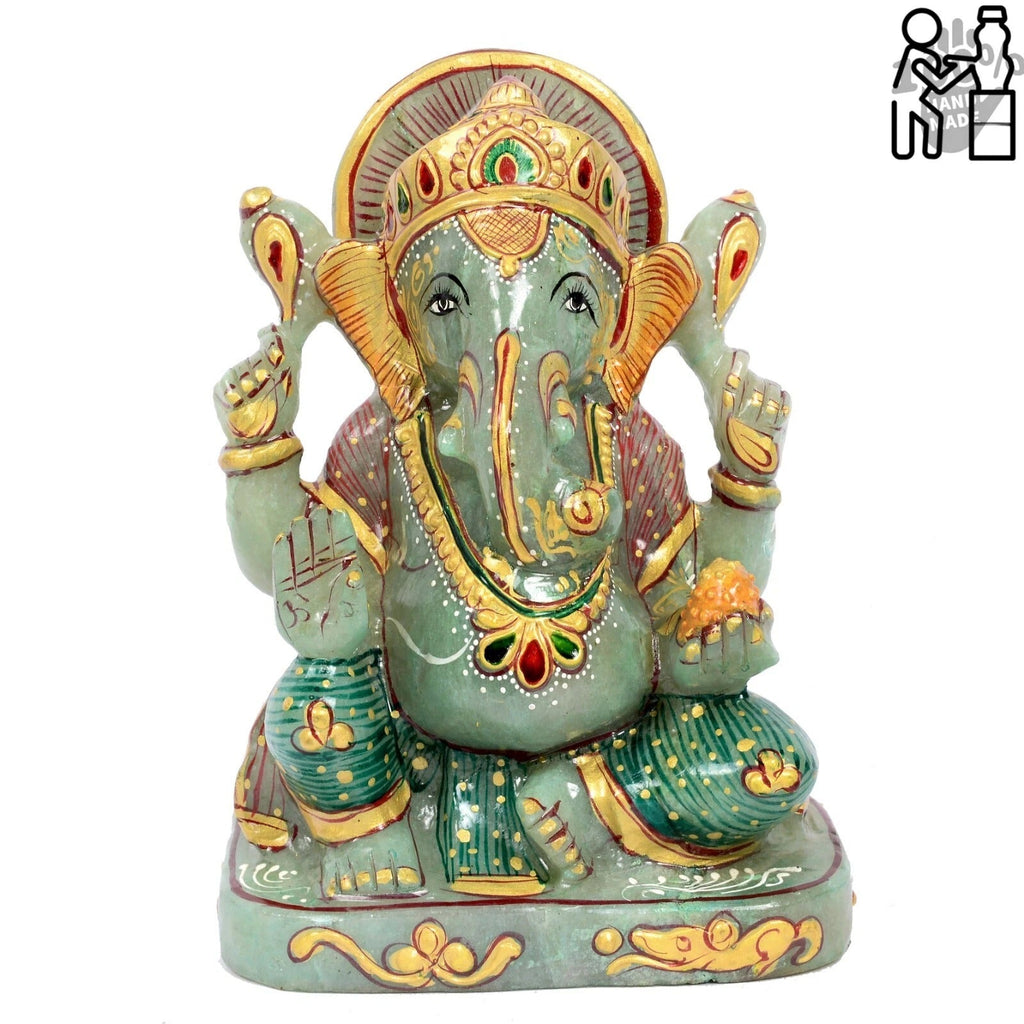2.2 Kg Natural Green Aventurine Single Stone Gold Painted Lord Ganesha Sculpture