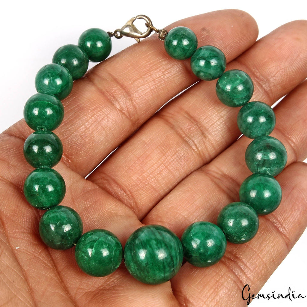 7.5" Natural Green Emerald Round Cabochon Beaded Handmade Unisex Bracelet~152 Ct