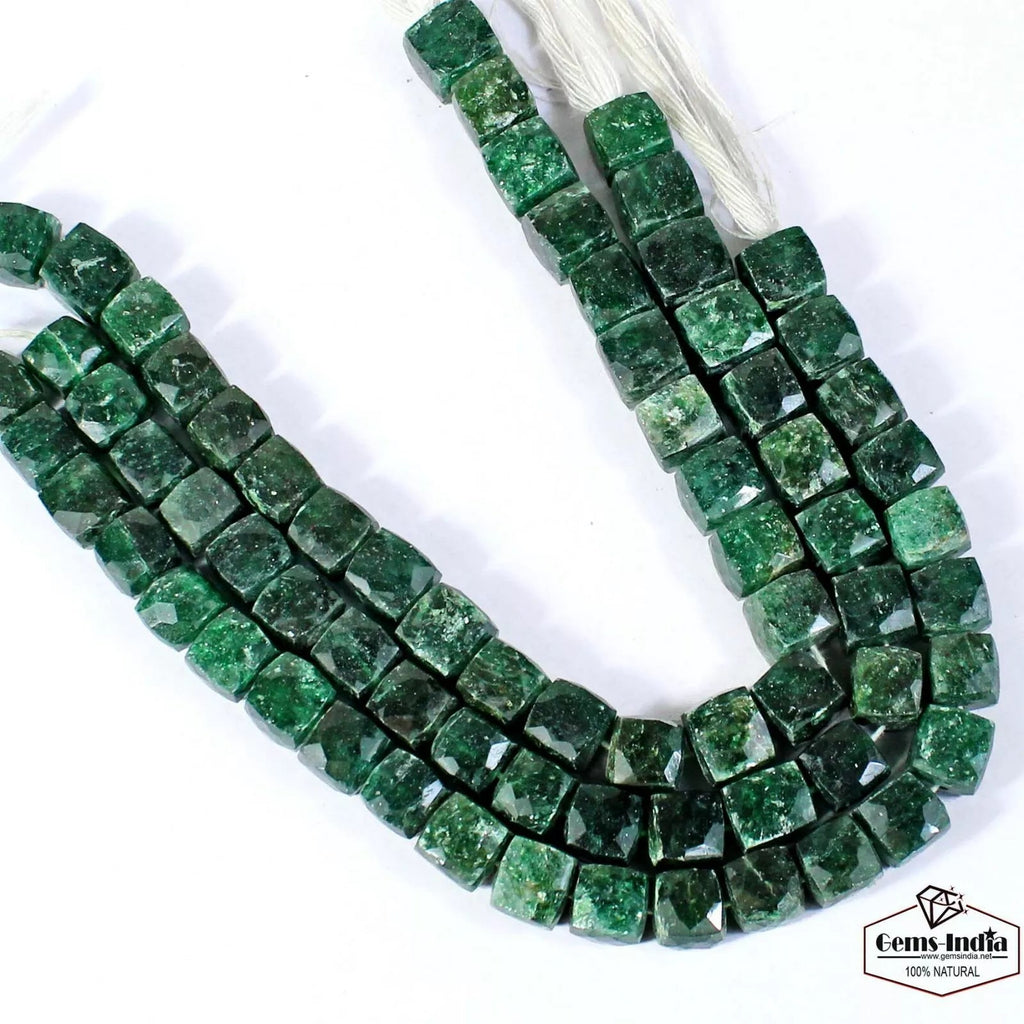8" Each Natural Green Serpentine Gemstone Box/Cube Faceted 8-9mm Beads, 3 Strand