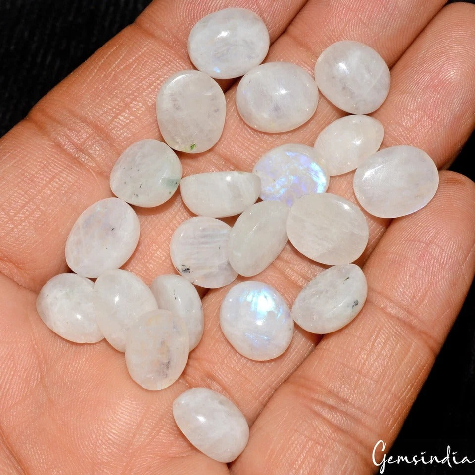 Lot 20 Pcs Natural Rainbow Moonstone Blue Fire 12mmx10mm Oval Cabochon Gemstones