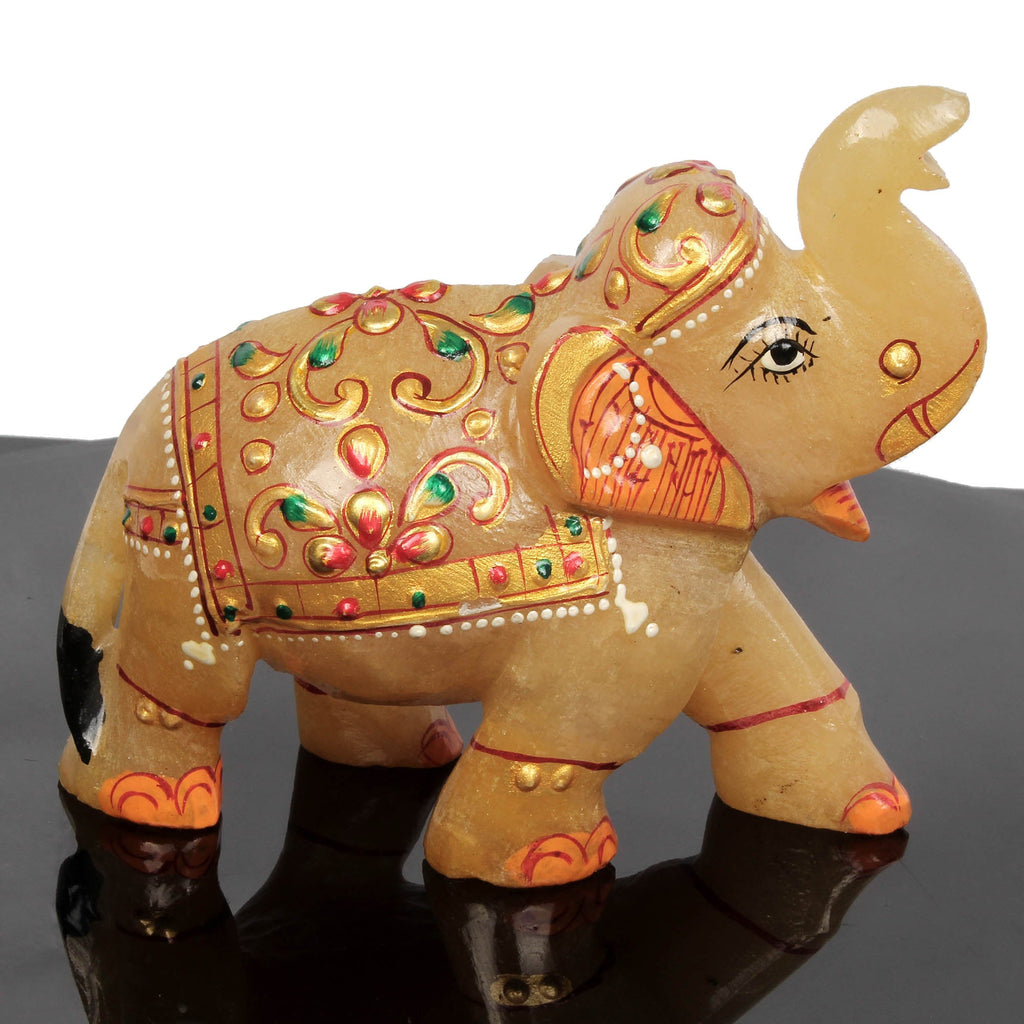 1420 Ct Hand Crafted Gold Painted Trunk Up Elephant Natural Aventurine Sculpture