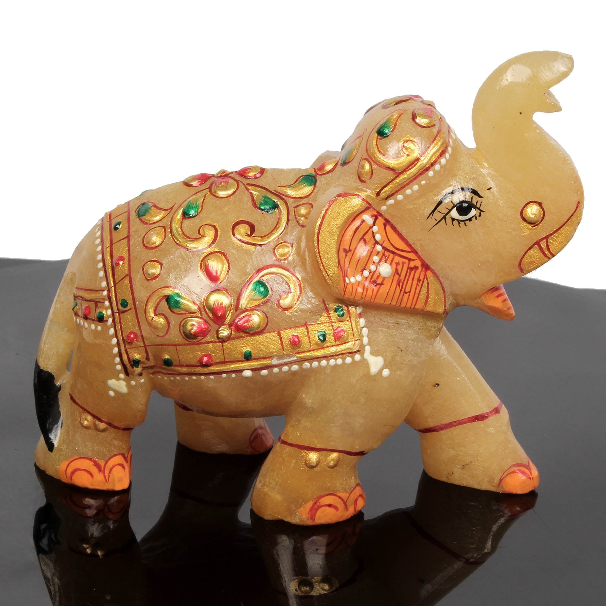 1420 Ct Hand Crafted Gold Painted Trunk Up Elephant Natural Aventurine Sculpture