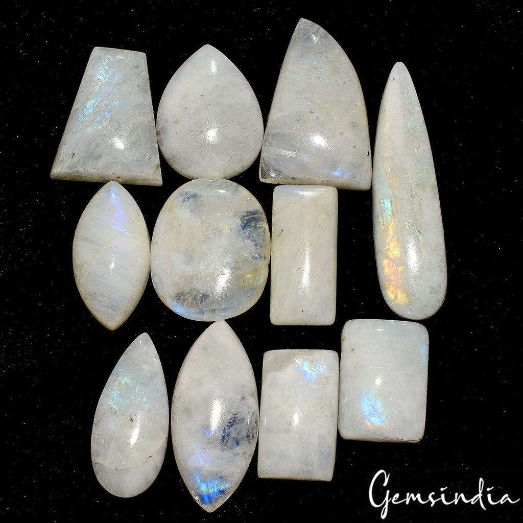 100% Natural Blue Flash Moonstone Mix Cabochon 300 Ct Loose Gemstones Lot~11 Pcs
