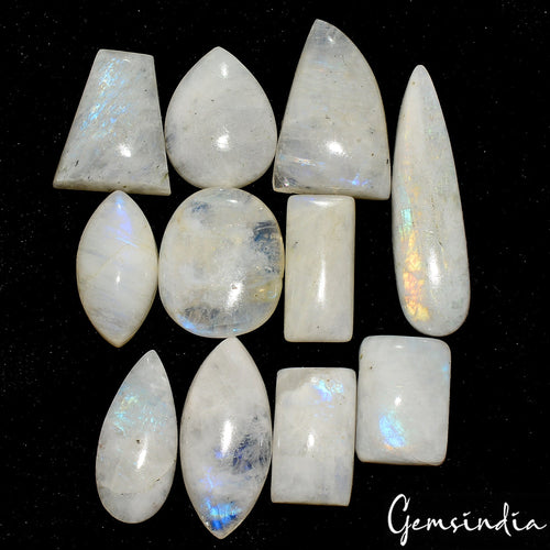 100% Natural Blue Flash Moonstone Mix Cabochon 300 Ct Loose Gemstones Lot~11 Pcs