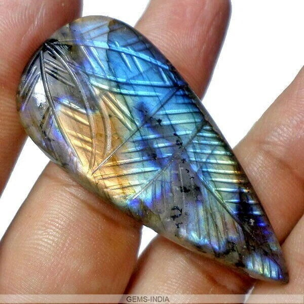 Certified 72Ct Natural Golden Blue Shine Labradorite Pear Carved Gem For Pendant