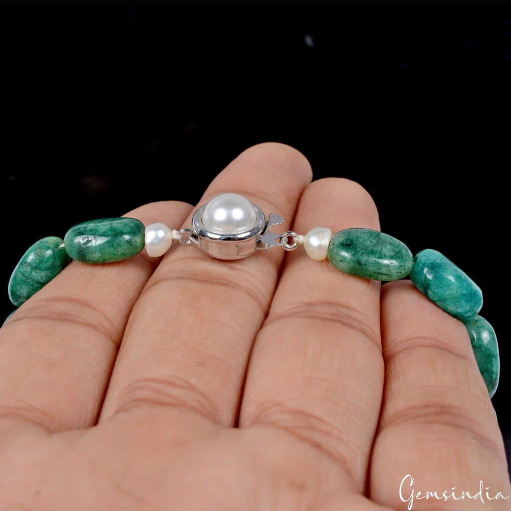 590 Ct Natural Emerald Freshwater Pearl Beaded Designer Necklace Set For Women