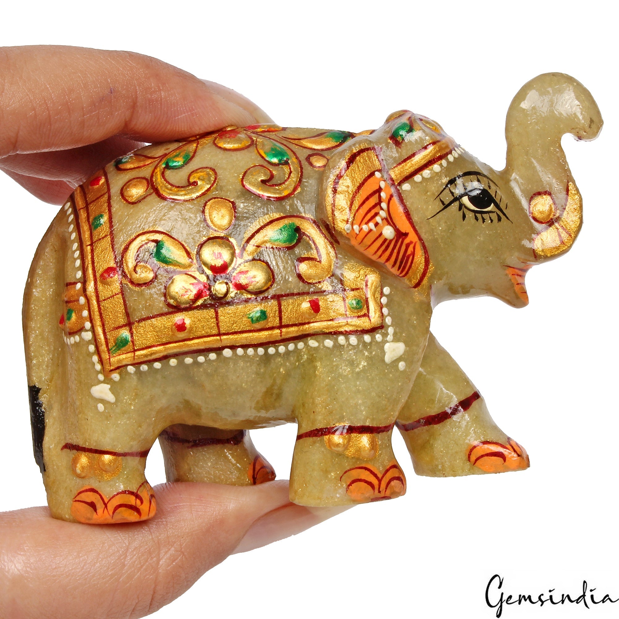 830 Ct Hand Crafted Gold Painted Trunk Up Elephant Natural Aventurine Sculpture