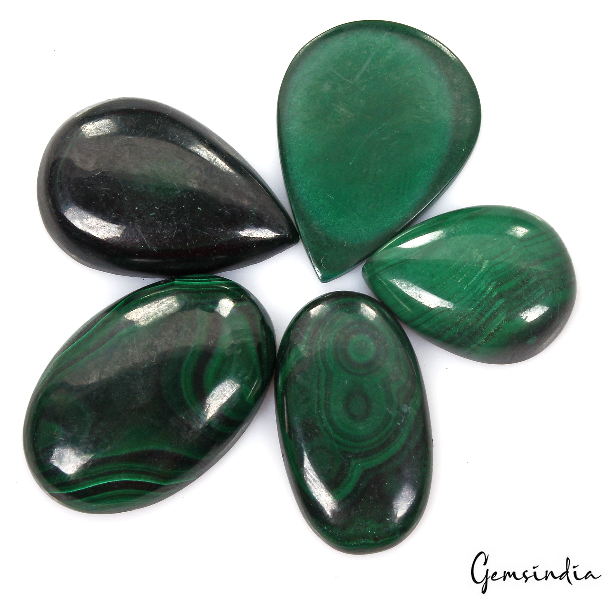 Malachite Lot, Cabochon, Untreated, Green — 5 Pieces, 24mm to 32mm, 193.40 Ct, Madagascar