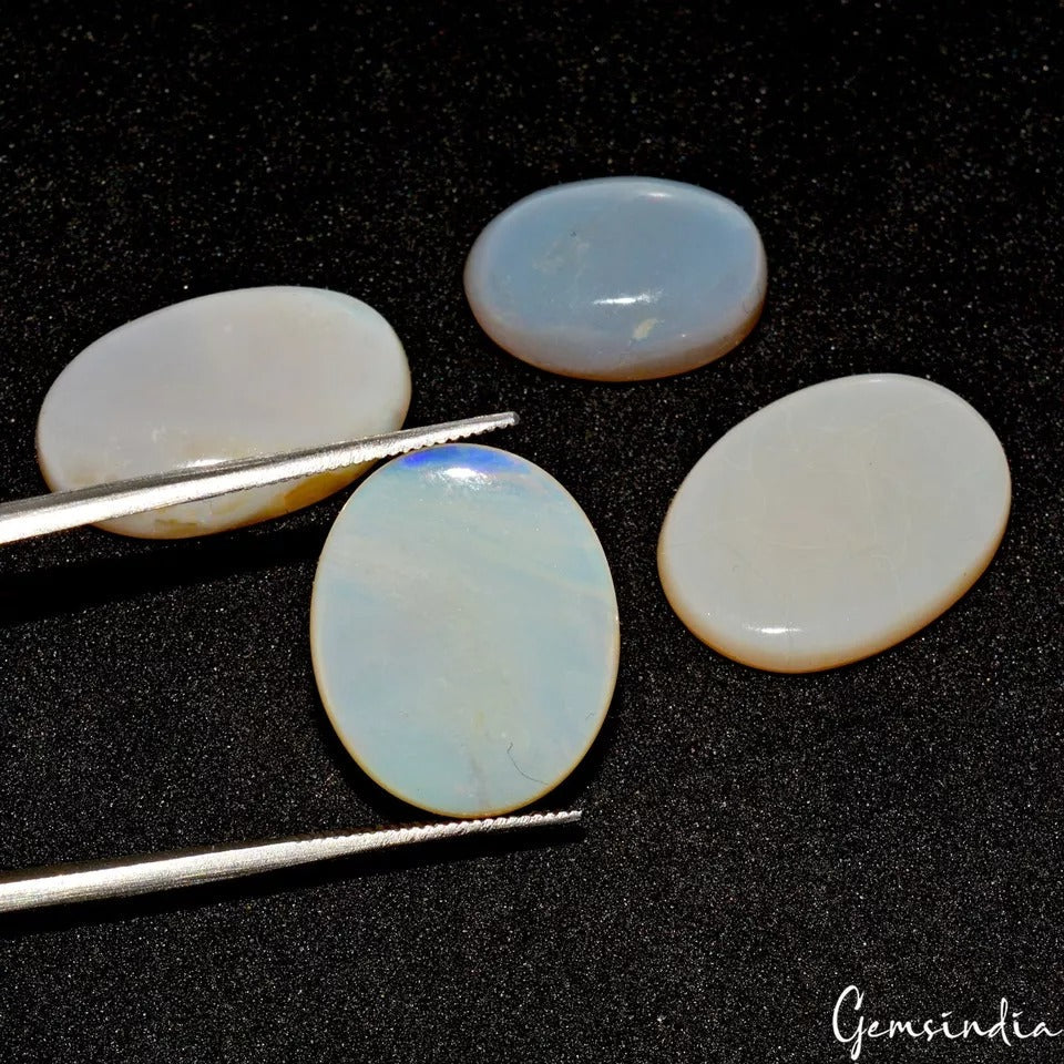 28.40 Ct/4 Pcs Natural Australian White Opal Multi Fire Oval Cab Loose Gemstones