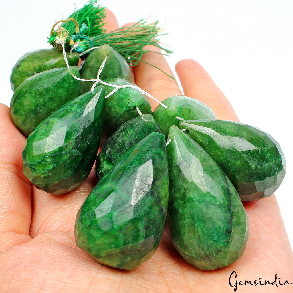 10 Pcs/820 Ct Natural Green Emerald Pear Cut Drilled Beads Briolette For Jewelry
