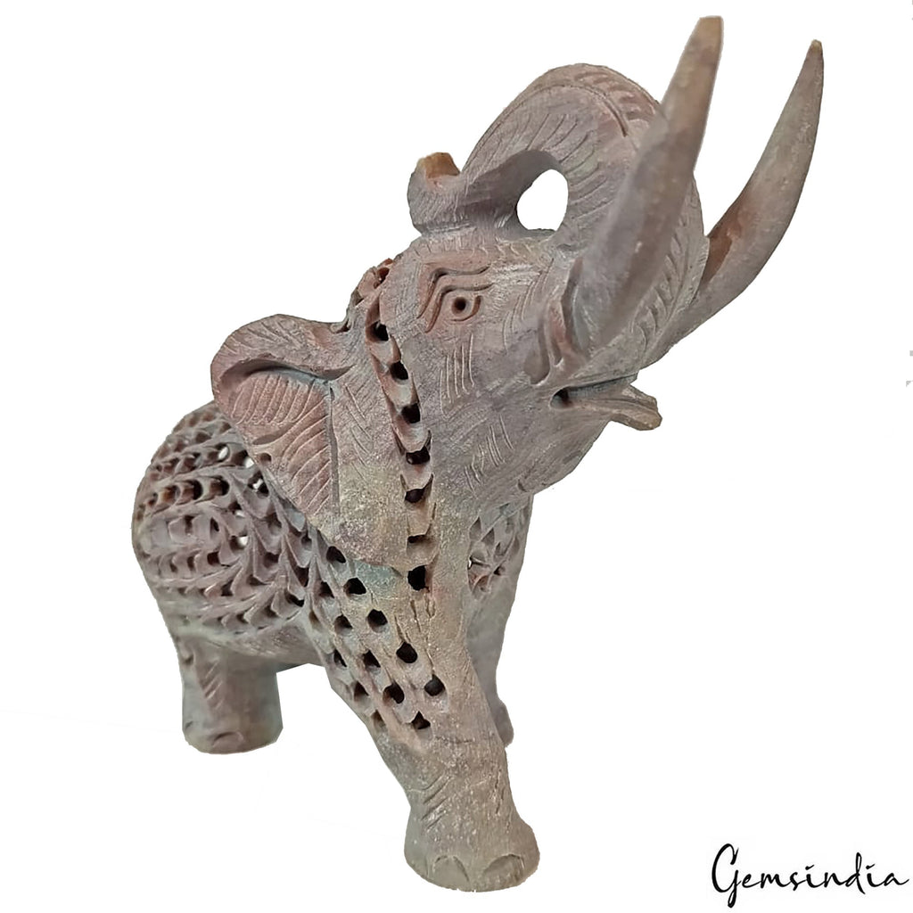 1670 Cts Hand crafted Soapstone Filigree Trunk Up Elephant Home Decor Sculpture