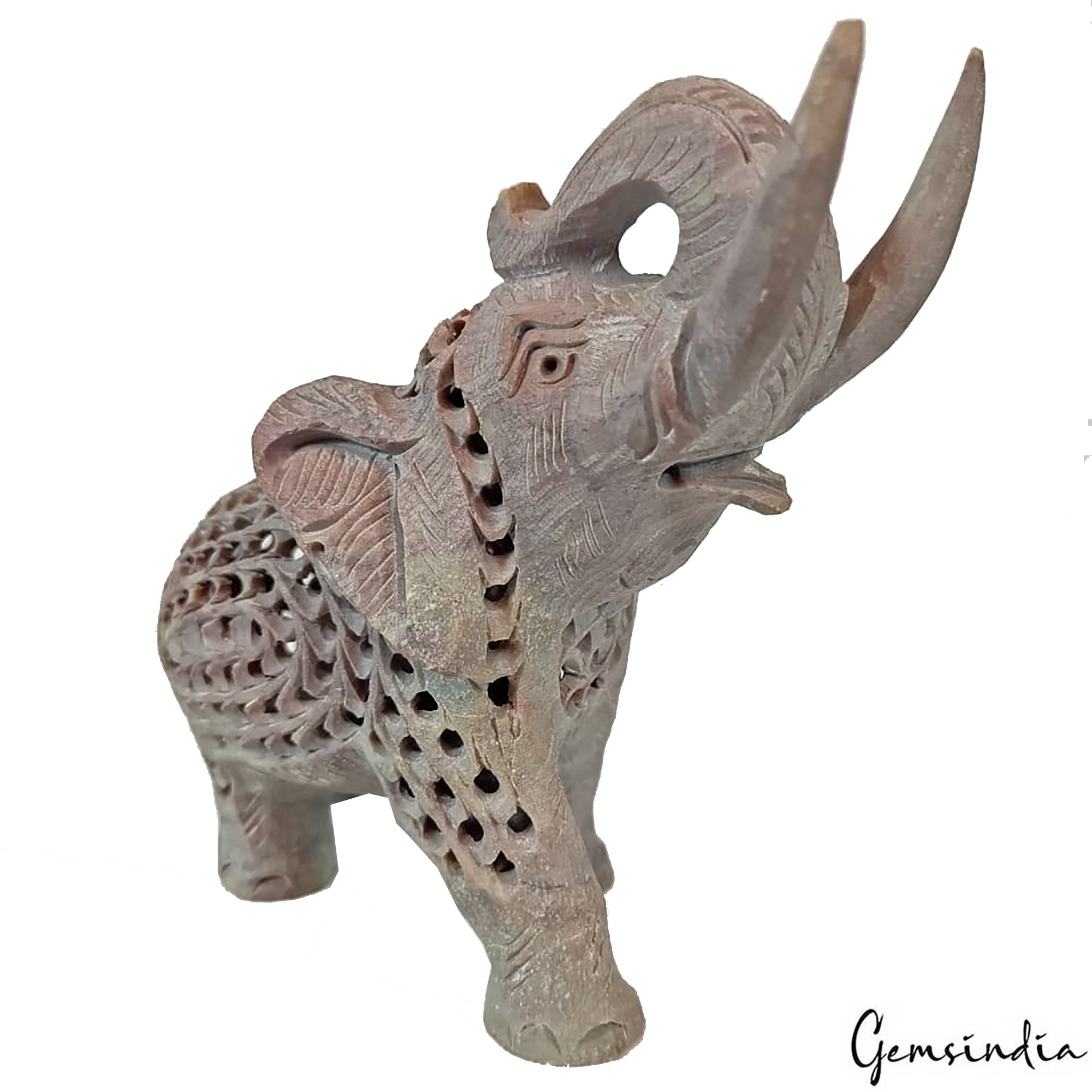 1670 Cts Hand crafted Soapstone Filigree Trunk Up Elephant Home Decor Sculpture