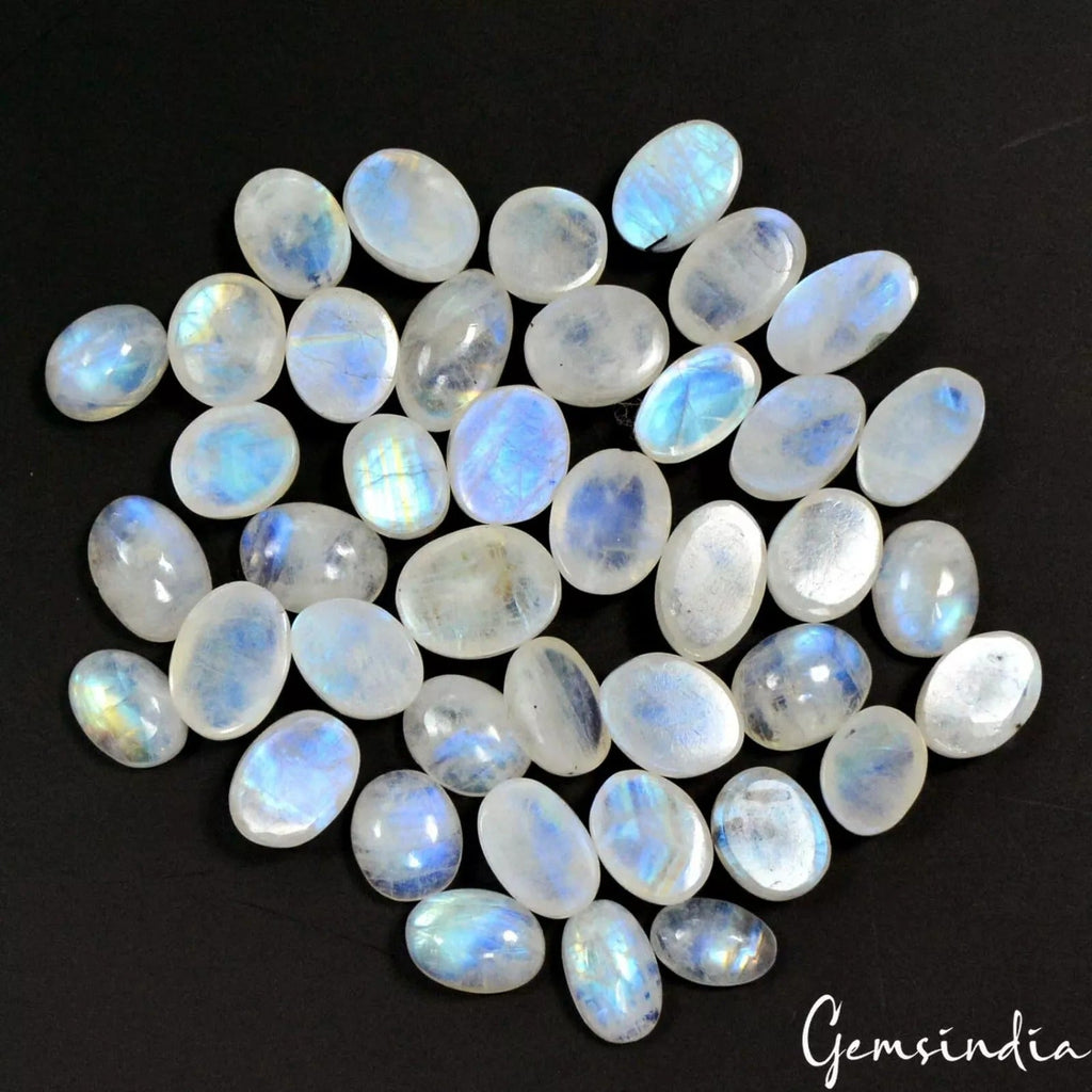 41 Pcs Natural Rainbow Moonstone 10-14mm Untreated Oval Cabochon Loose Gemstones