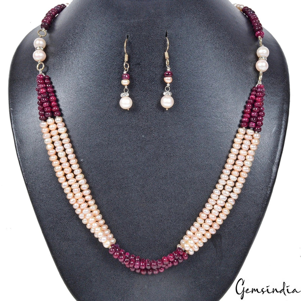 316.30 Cts Natural Red Ruby Peach Round Cab Beaded Handmade Designer Jewelry Set
