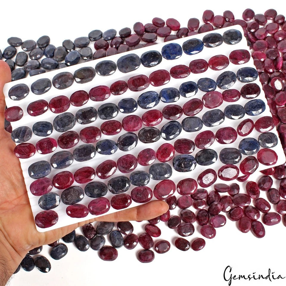 7350 Cts/400Pcs Natural Red Ruby Blue Sapphire Oval Cut Loose Gems Wholesale Lot