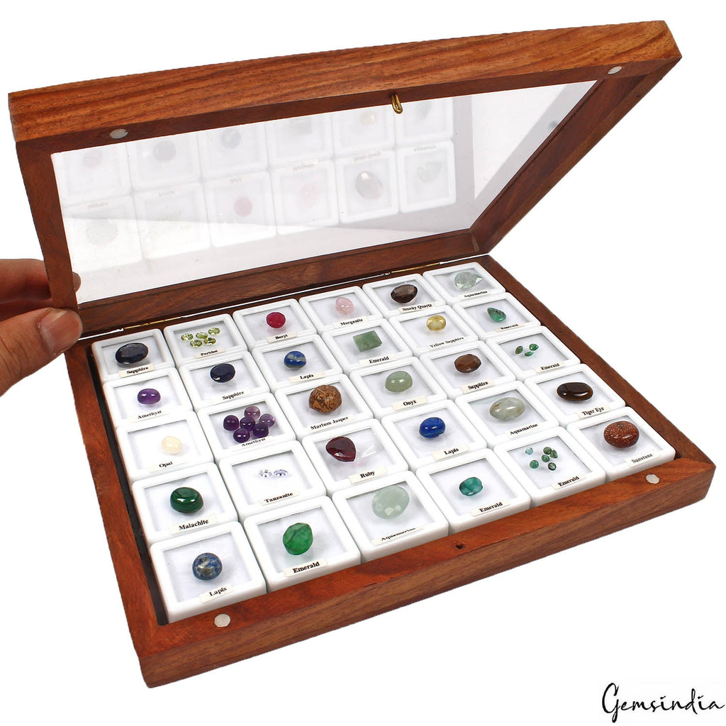 47 Pcs Estate Genuine Semi Precious Loose Multi Color Gems Collection+Wooden Box