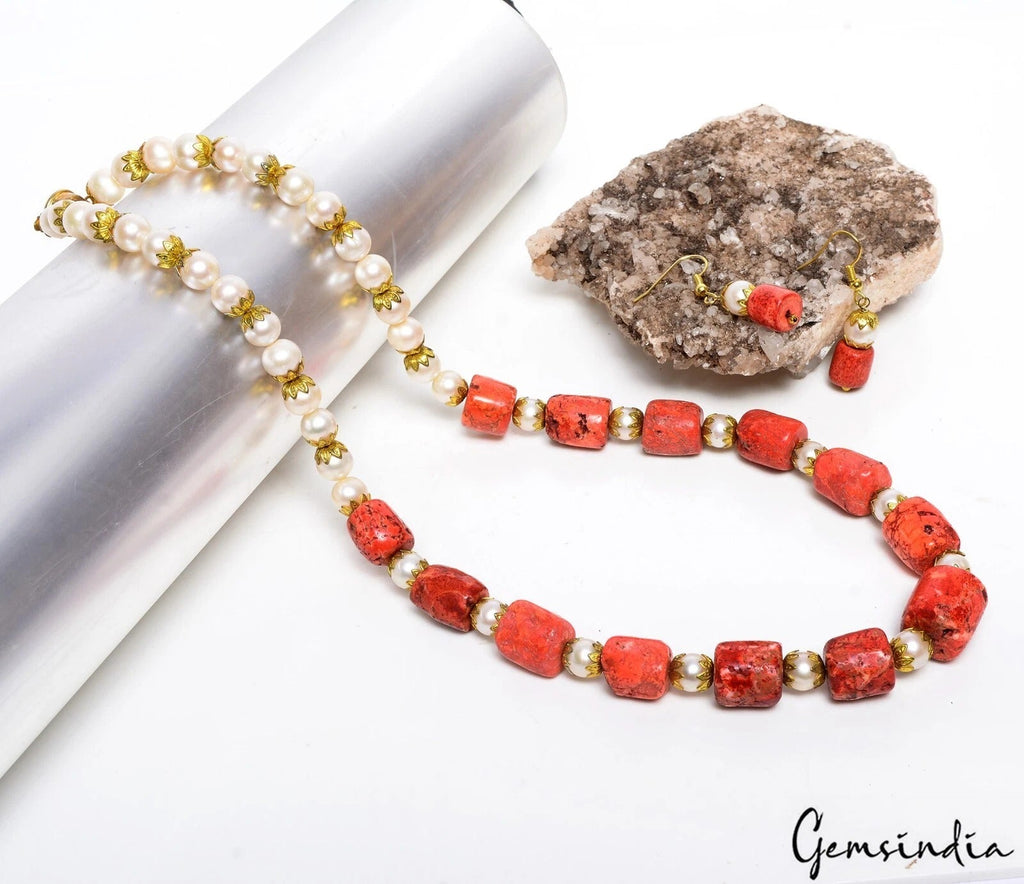 480 Cts Freshwater Pearl Taiwan Coral Gems Beaded Handmade Designer Jewelry Set