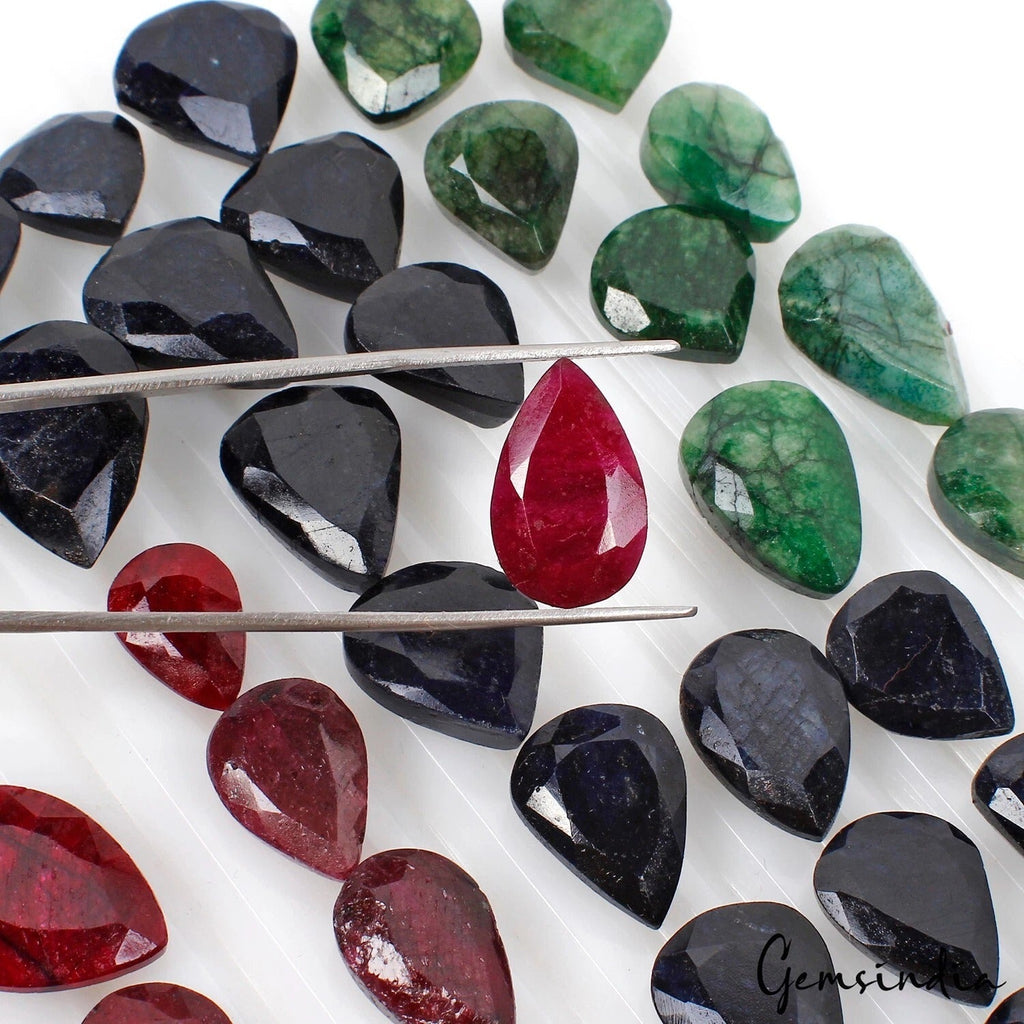 600 Ct Natural Ruby Emerald Sapphire Pear Faceted Wholesale Gemstone Lot 43 Pcs