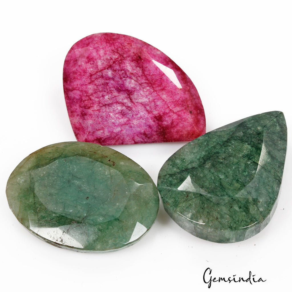 470 Cts/3 Pcs Natural Red Beryl/Green Emerald Mix Cut Loose Gems Lot For Pendant