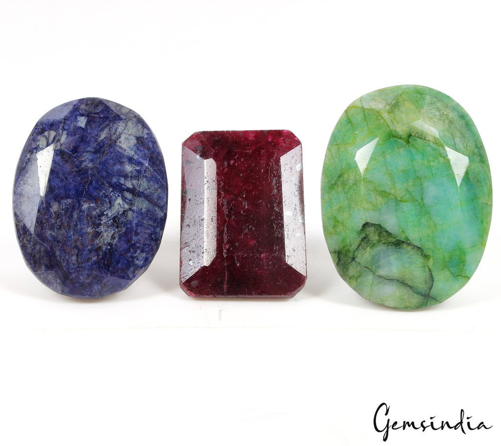 590 Cts Natural Ruby, Sapphire & Emerald Mix Cut Loose Huge Gemstones 3 Pcs Lot