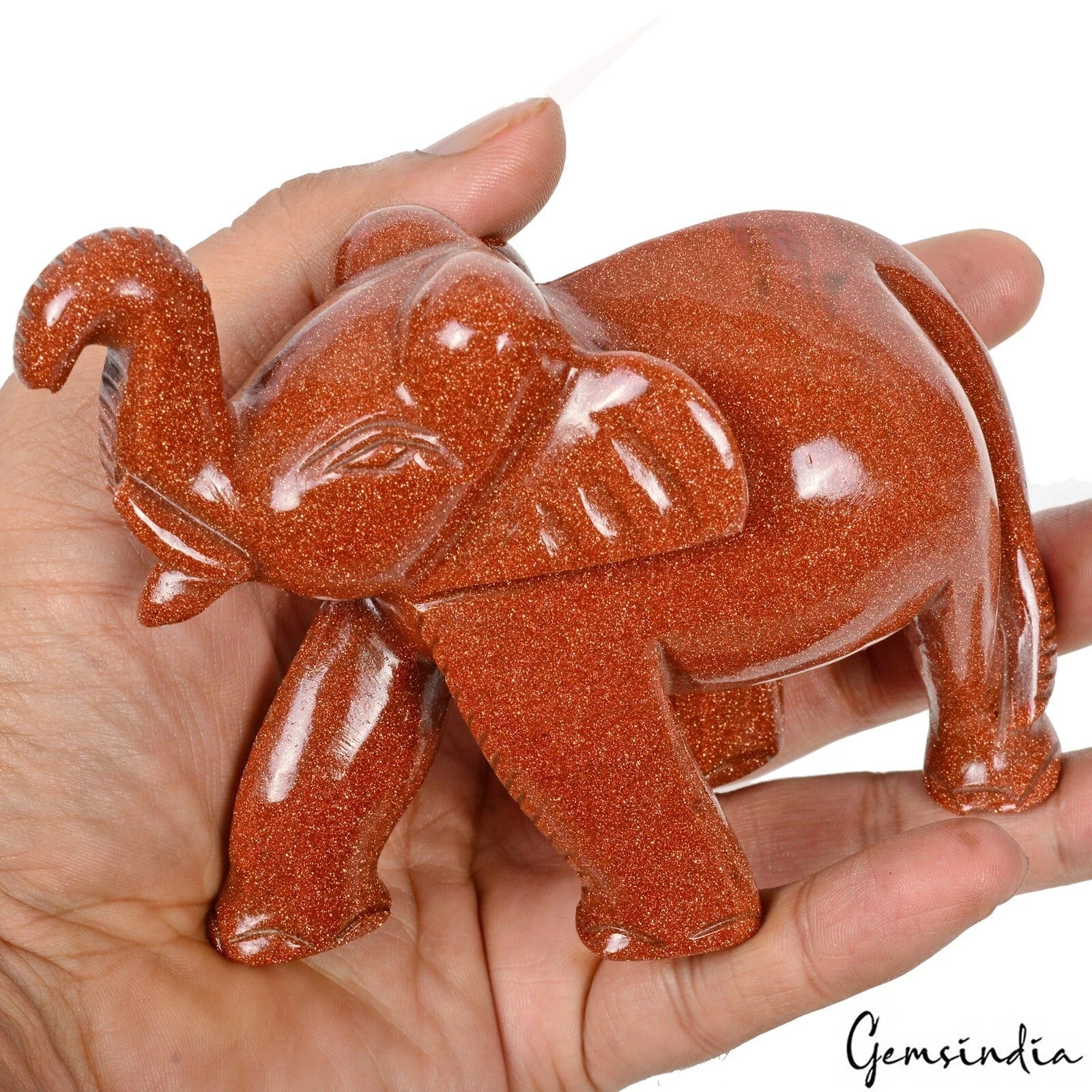 2400Ct Natural Brown Sunstone Trunk up Elephant Hand Crafted/Decor Gem Sculpture