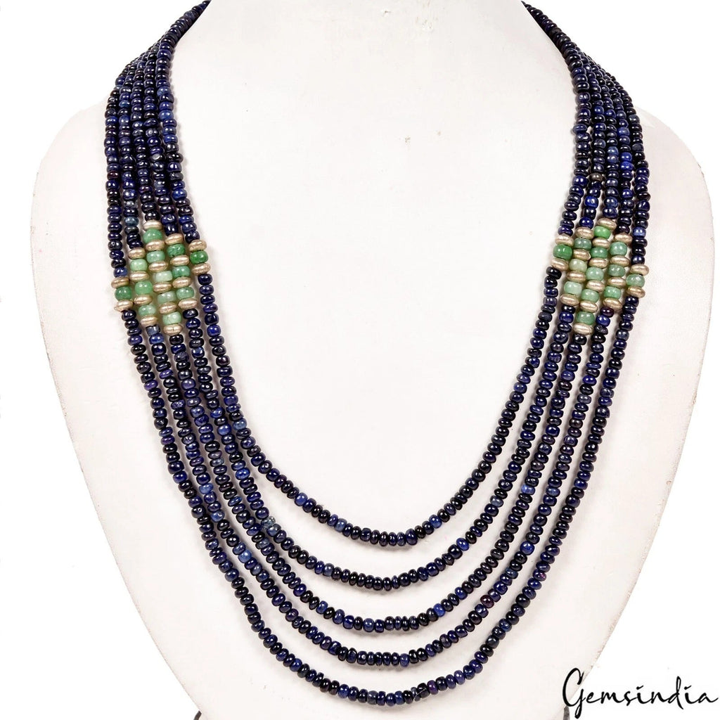 Natural Blue Sapphire Round Cab Beaded Handmade 5 Strand Designer Necklace 500Ct