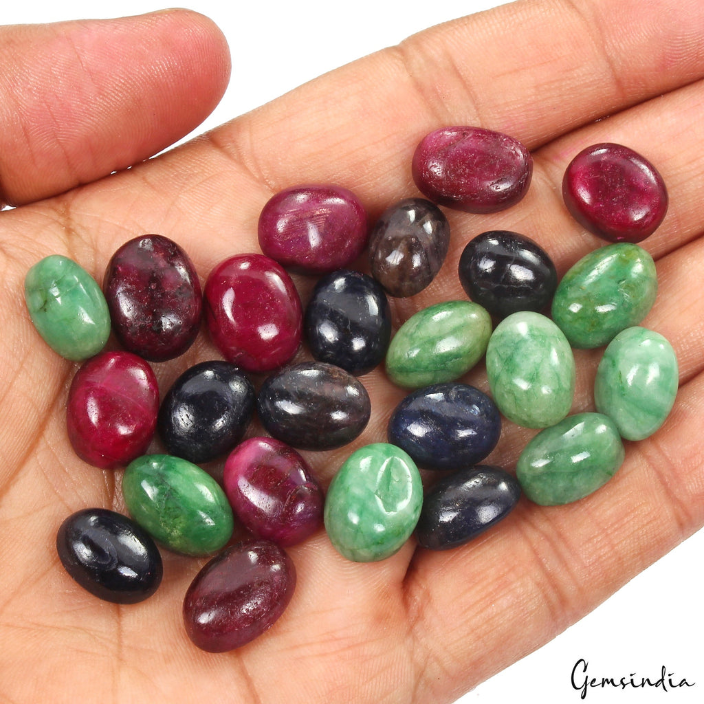 Certified 260 Ct Natural Ruby Emerald Sapphire Oval Cabochon Loose Gemstones Lot