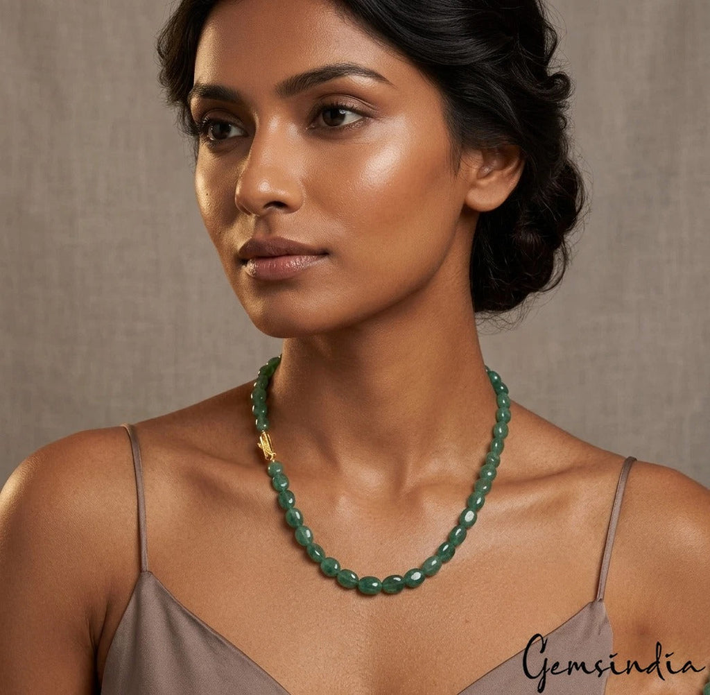169.00 Ct Natural Green Emerald Oval Cab Center Drilled Beaded Handmade Necklace