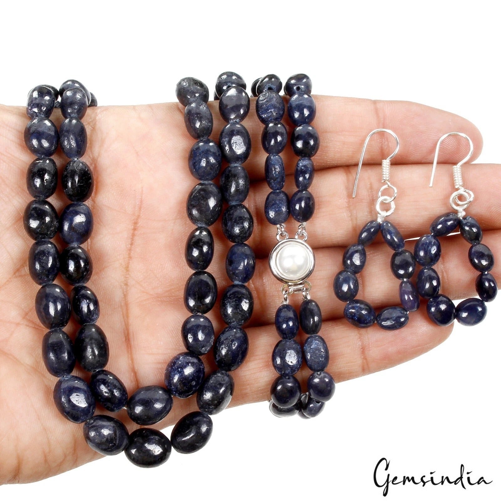 656.70 Cts Natural Dark Blue Sapphire Gem Oval Cab Beaded Handmade Jewelry set