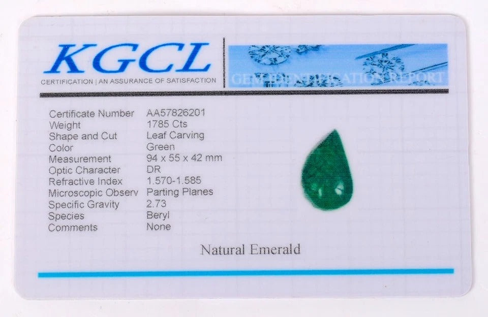 Certified 1785 Ct Natural Brazilian Green Emerald Pear Leaf Design Carving Gem