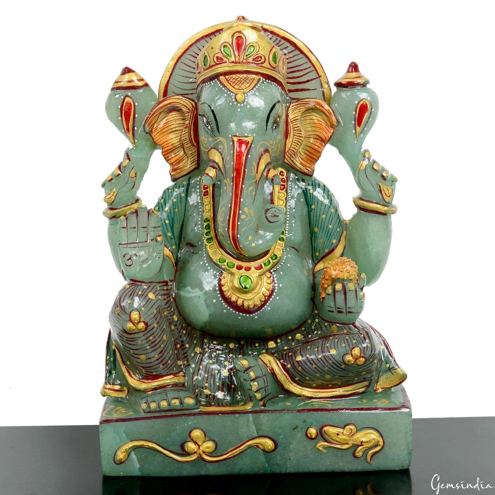 2.4 Kg Natural Green Aventurine Hand Crafted Lord Ganesha Gold Paint Sculpture